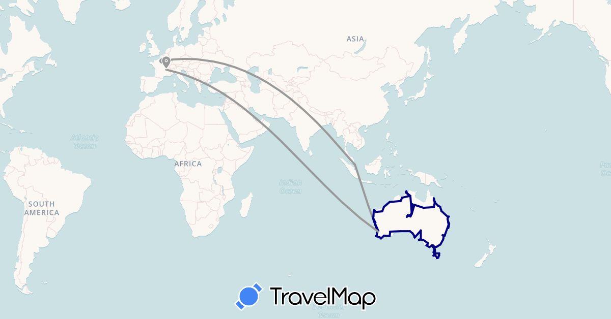 TravelMap itinerary: driving, plane in Australia, France, Qatar, Singapore (Asia, Europe, Oceania)